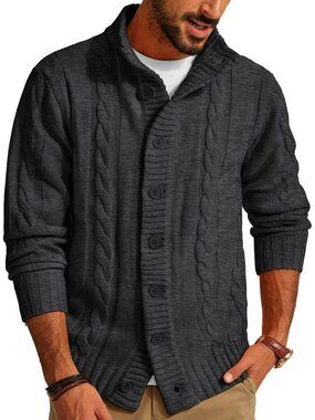 🆕Men's Black Grey Cable Knit Cardigan Sweater Button Down Stand Collar Jacket